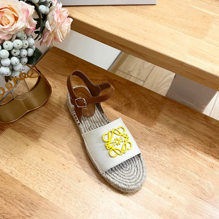 Loew Anagram Yellow logo White Brown Leather And Canvas Espadrille Sandals