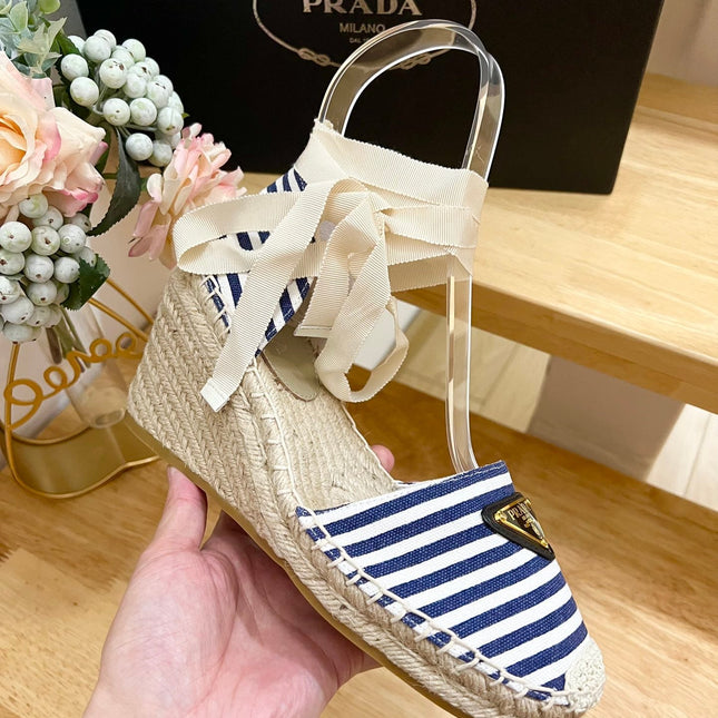 PRA STRIPE ESPADRILLE WEDGE SANDAL NAVY FABRIC