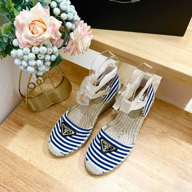 PRA STRIPE ESPADRILLE WEDGE SANDAL NAVY FABRIC