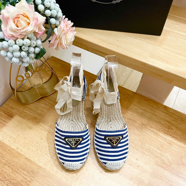 PRA STRIPE ESPADRILLE WEDGE SANDAL NAVY FABRIC