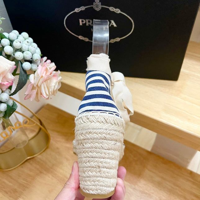 PRA STRIPE ESPADRILLE WEDGE SANDAL NAVY FABRIC