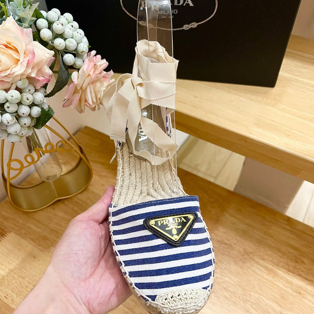PRA STRIPE ESPADRILLE WEDGE SANDAL NAVY FABRIC