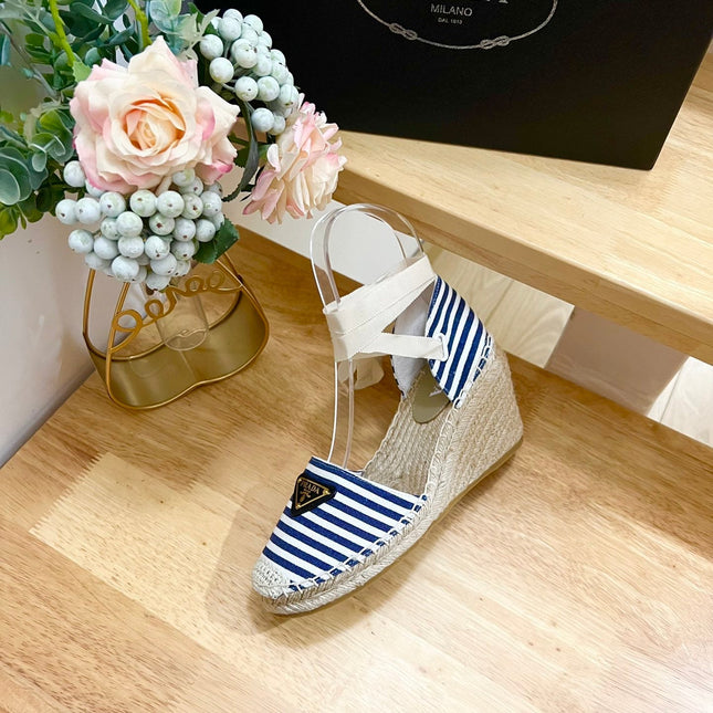 PRA STRIPE ESPADRILLE WEDGE SANDAL NAVY FABRIC
