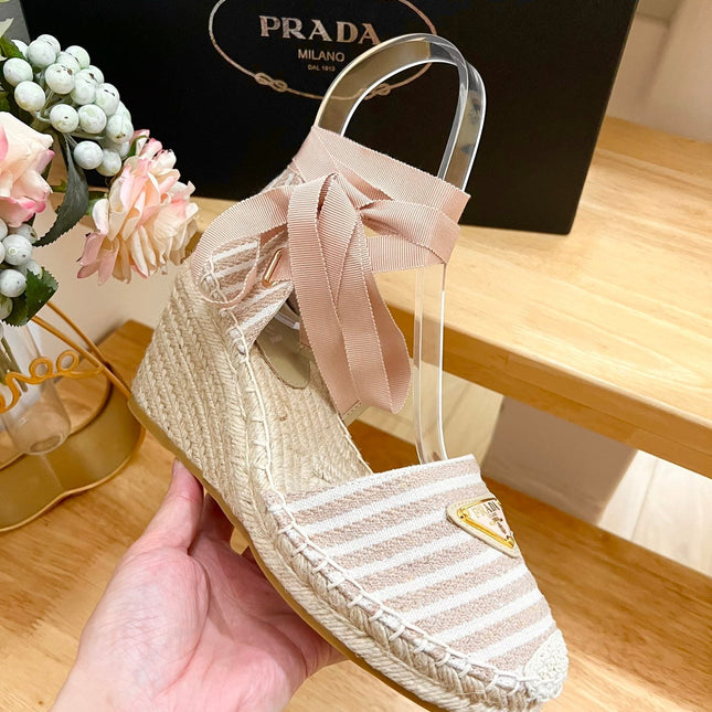 PRA STRIPE ESPADRILLE WEDGE SANDAL PASTEL PINK FABRIC