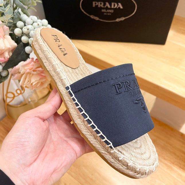 PRA CROCHET SLIPPERS NAVY LINEN FABRIC