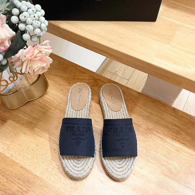 PRA CROCHET SLIPPERS NAVY LINEN FABRIC