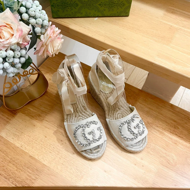 PLATFORM WITH RHINESTONE LOGO IN CREAM BEIGE CANVAS AND STRAW LINING