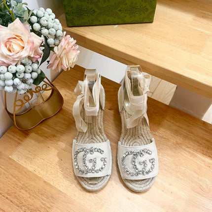 PLATFORM WITH RHINESTONE LOGO IN CREAM BEIGE CANVAS AND STRAW LINING