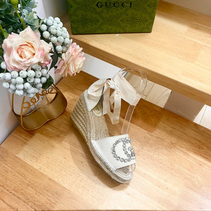 PLATFORM WITH RHINESTONE LOGO IN CREAM BEIGE CANVAS AND STRAW LINING