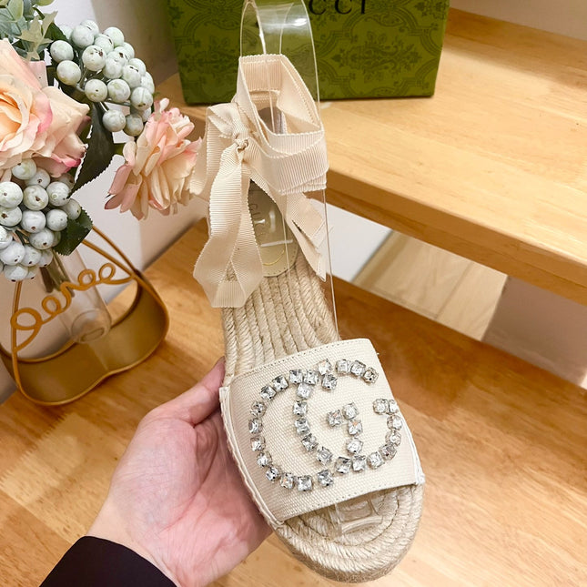 PLATFORM WITH RHINESTONE LOGO IN CREAM BEIGE CANVAS AND STRAW LINING