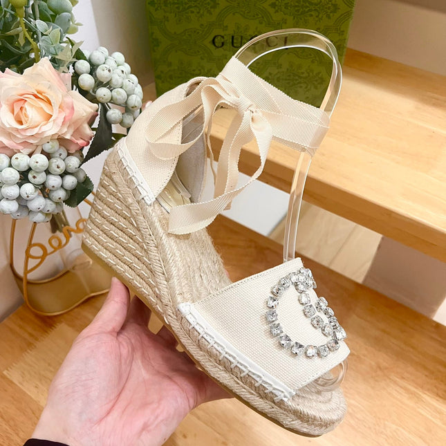 PLATFORM WITH RHINESTONE LOGO IN CREAM BEIGE CANVAS AND STRAW LINING