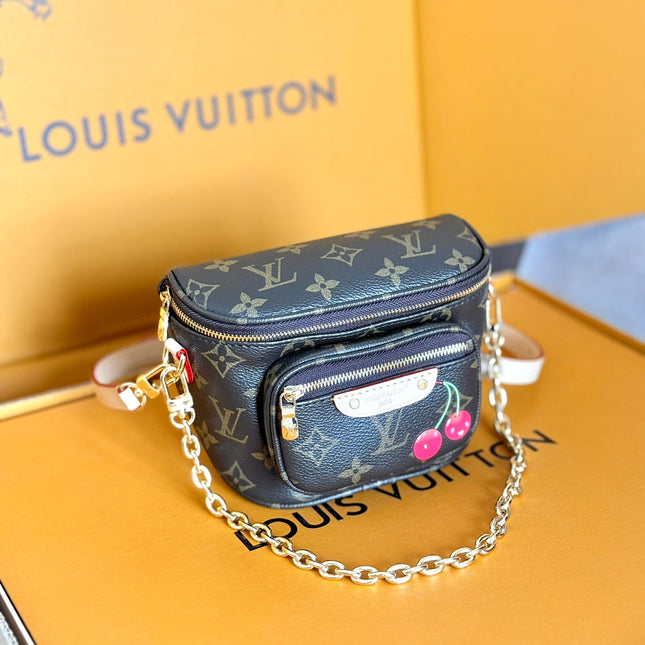 LV 25S MINI BUMBAG 17 IN BROWN CANVAS MONOGRAM CHERRY PRINT GOLD HARDWARE