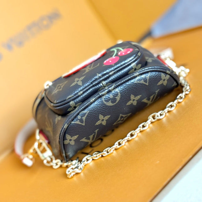LV 25S MINI BUMBAG 17 IN BROWN CANVAS MONOGRAM CHERRY PRINT GOLD HARDWARE