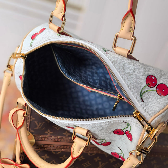 LV 25S SPEEDY SOFT 30 IN WHITE CANVAS MONOGRAM CHERRY PRINT GOLD HARDWARE