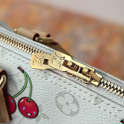 LV 25S SPEEDY SOFT 30 IN WHITE CANVAS MONOGRAM CHERRY PRINT GOLD HARDWARE