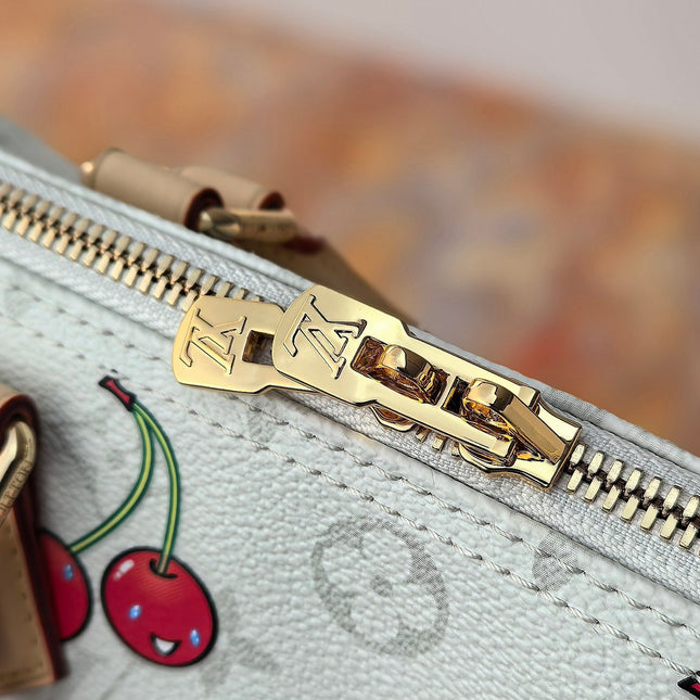 LV 25S SPEEDY SOFT 30 IN WHITE CANVAS MONOGRAM CHERRY PRINT GOLD HARDWARE