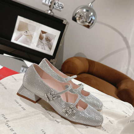 MINI TRES VIVIER STRASS BUCKLE BABIES BALLERINAS IN SILVER CALFSKIN FULLY EMBELLISHED CRYSTALS