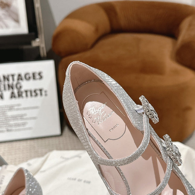 TRÈS VIVIER MARY JANE DOUBLE-STRAP PUMPS IN SILVER CALFSKIN FULLY EMBELLISHED CRYSTALS