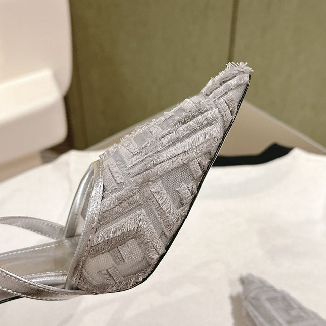 FENDI COLIBRÌ HIGH-HEELED SLINGBACKS 75MM IN LIGHT GREY FABRIC