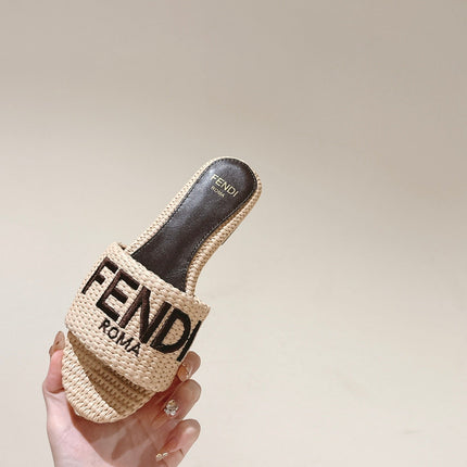 FENDI SIGNATURE MULE SLIDES IN BEIGE FIBRE WITH BROWN EMBROIDERED LOGO