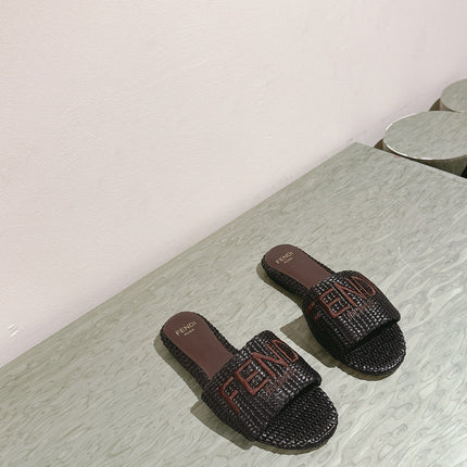 FENDI SIGNATURE MULE SLIDES IN DARK BROWN FIBRE