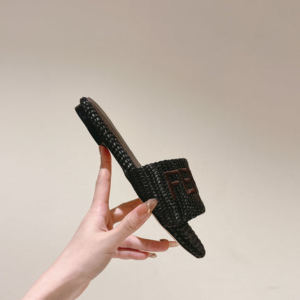 FENDI SIGNATURE MULE SLIDES IN DARK BROWN FIBRE