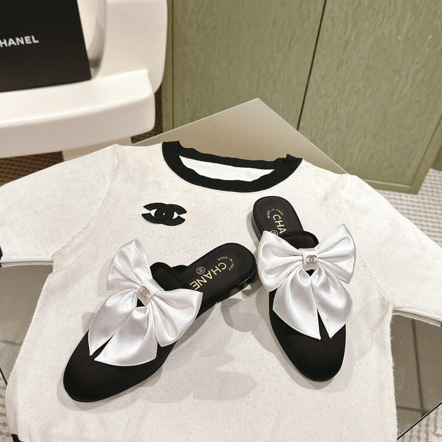 CC MULE WITH SILK WHITE BOW AND BLACK LAMBSKIN