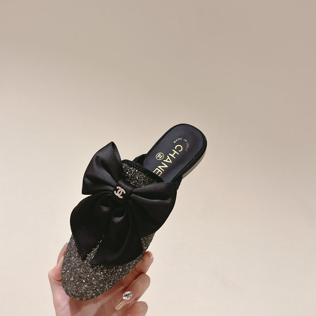 CC JEWELED MULE WITH SILK BOW AND BLACK LAMBSKIN
