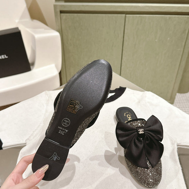 CC JEWELED MULE WITH SILK BOW AND BLACK LAMBSKIN