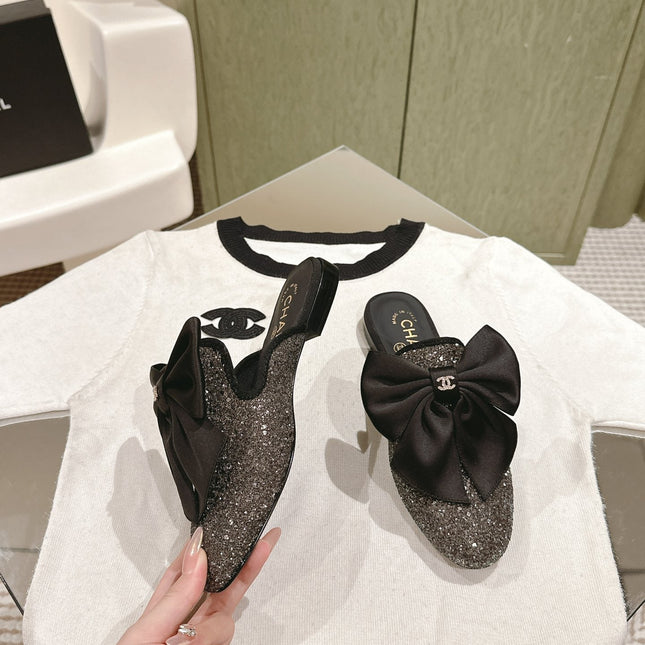 CC JEWELED MULE WITH SILK BOW AND BLACK LAMBSKIN