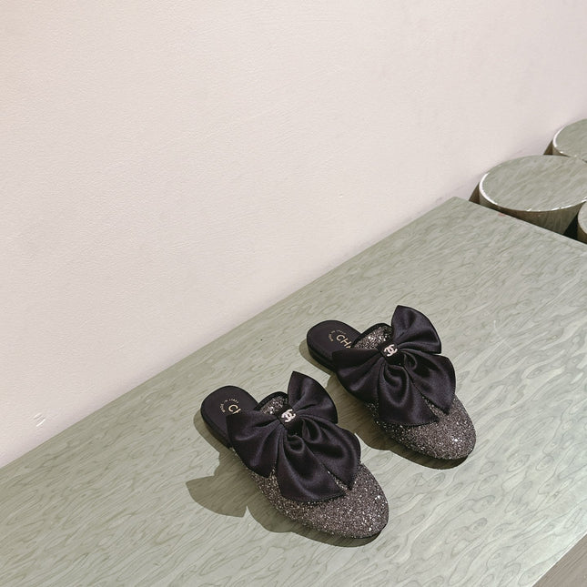 CC JEWELED MULE WITH SILK BOW AND BLACK LAMBSKIN