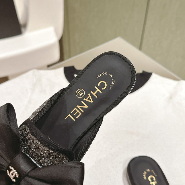 CC JEWELED MULE WITH SILK BOW AND BLACK LAMBSKIN