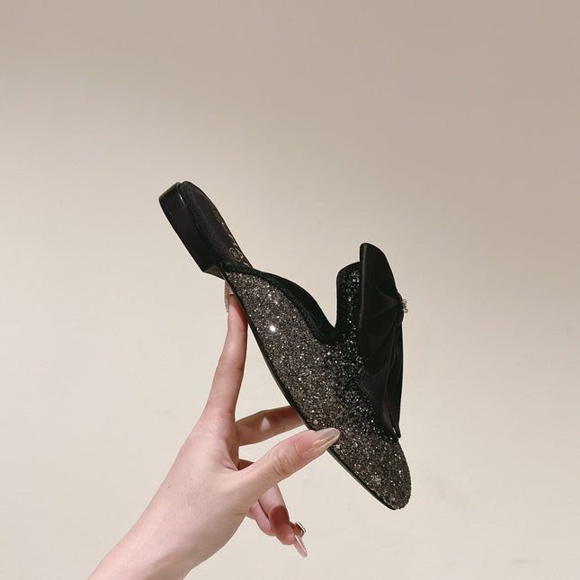 CC JEWELED MULE WITH SILK BOW AND BLACK LAMBSKIN