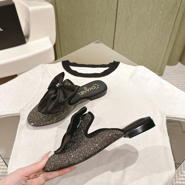 CC JEWELED MULE WITH SILK BOW AND BLACK LAMBSKIN