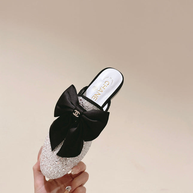 CC JEWELED MULE WITH SILK BLACK BOW IN WHITE LAMBSKIN