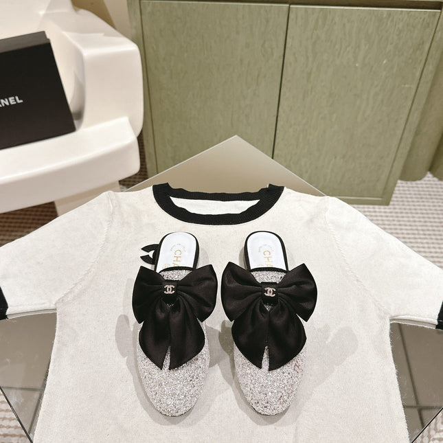 CC JEWELED MULE WITH SILK BLACK BOW IN WHITE LAMBSKIN