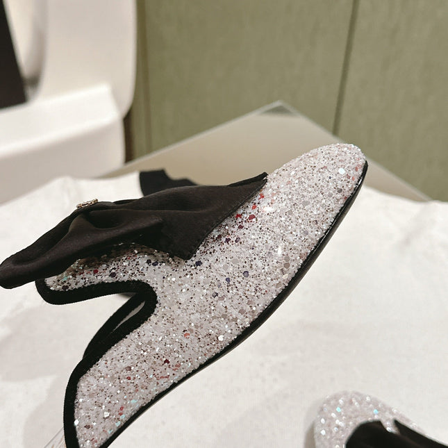 CC JEWELED MULE WITH SILK BLACK BOW IN WHITE LAMBSKIN