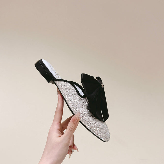 CC JEWELED MULE WITH SILK BLACK BOW IN WHITE LAMBSKIN