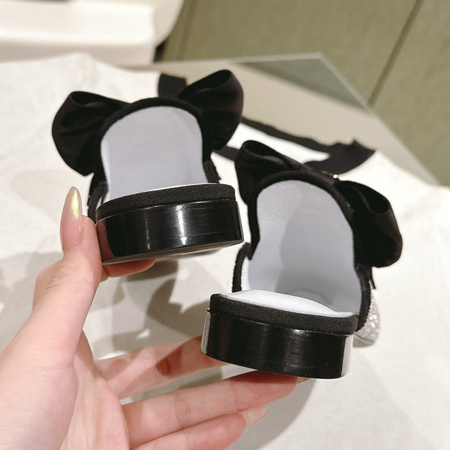 CC JEWELED MULE WITH SILK BLACK BOW IN WHITE LAMBSKIN