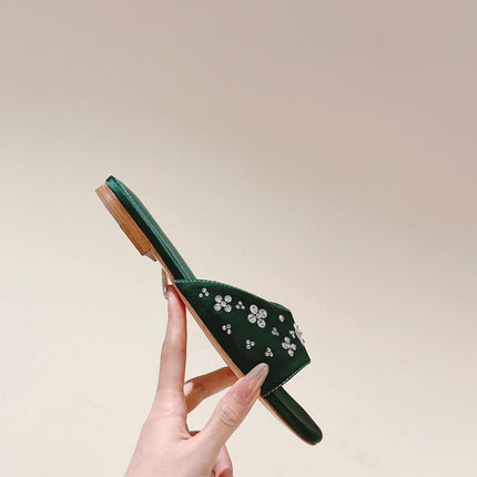 LV WOMEN FLAT MULE IN GREEN FOREST SATIN WITH RHINESTONE