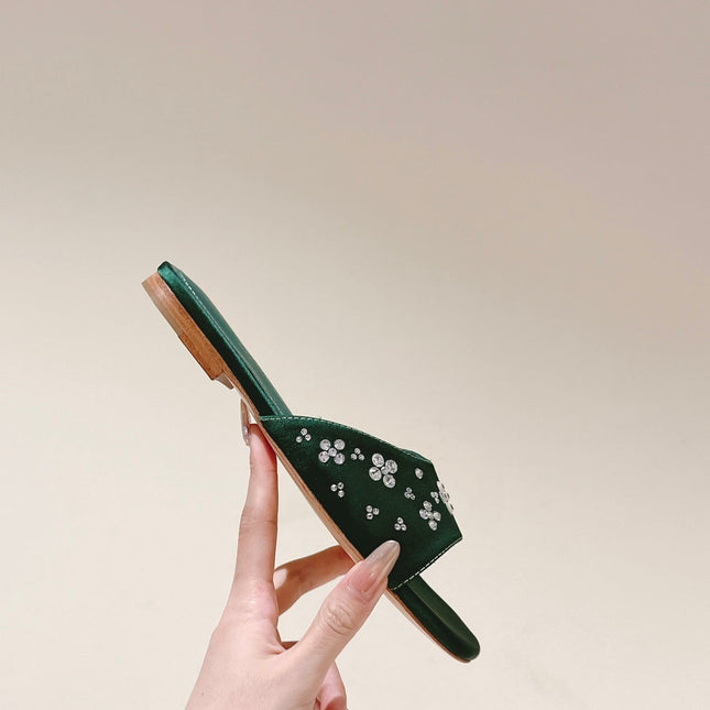 LV WOMEN FLAT MULE IN GREEN FOREST SATIN WITH RHINESTONE