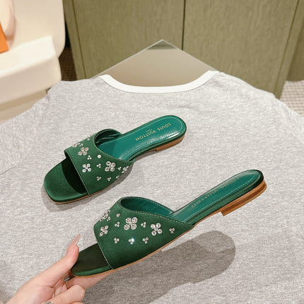 LV WOMEN FLAT MULE IN GREEN FOREST SATIN WITH RHINESTONE