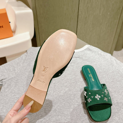 LV WOMEN FLAT MULE IN GREEN FOREST SATIN WITH RHINESTONE