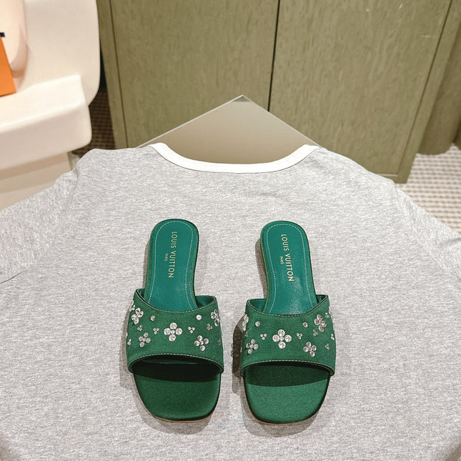 LV WOMEN FLAT MULE IN GREEN FOREST SATIN WITH RHINESTONE