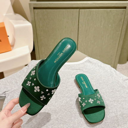 LV WOMEN FLAT MULE IN GREEN FOREST SATIN WITH RHINESTONE