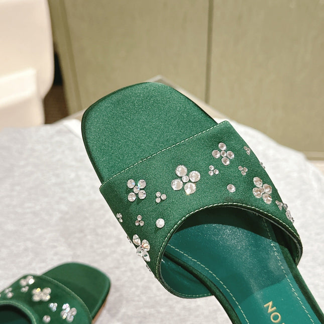 LV WOMEN FLAT MULE IN GREEN FOREST SATIN WITH RHINESTONE