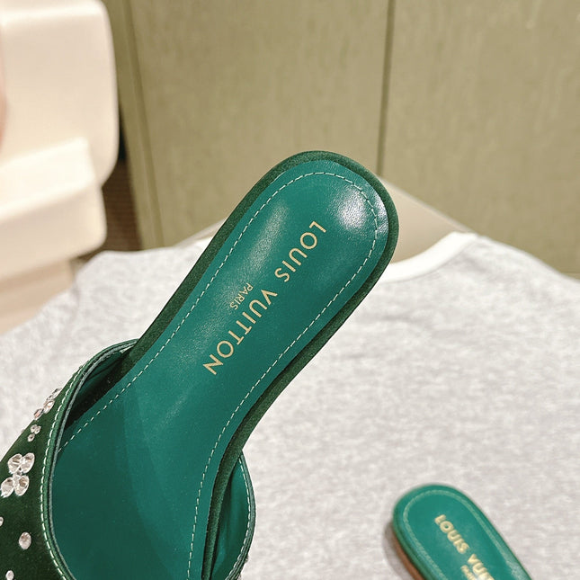 LV WOMEN FLAT MULE IN GREEN FOREST SATIN WITH RHINESTONE