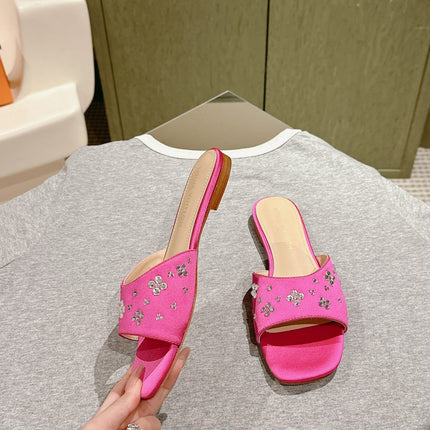 LV WOMEN FLAT MULE IN DEEP PINK SATIN WITH RHINESTONE