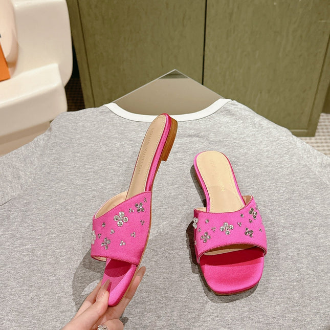 LV WOMEN FLAT MULE IN DEEP PINK SATIN WITH RHINESTONE