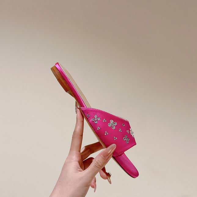 LV WOMEN FLAT MULE IN DEEP PINK SATIN WITH RHINESTONE
